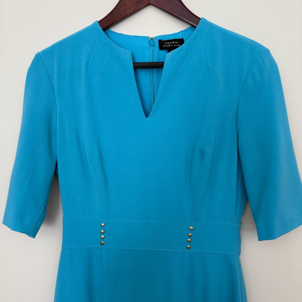 Tahari ASL Blue V-Neck Sheath Dress Midi Work - Picture 2 of 13